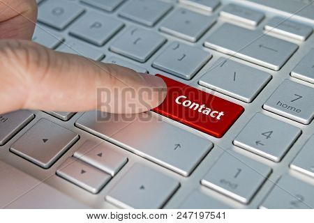 Big Red Contact Us Keyboard Button. Contact Inscriptions On The Keyboard Button, Red Button.