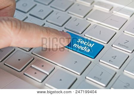 Social Media Keyboard Button. Inscriptions On The Grey Silver Keyboard Button Close Up