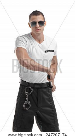 Male Security Guard With Police Baton On White Background
