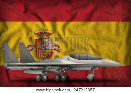 Fighter, Interceptor On The Spain Flag Background. 3d Illustration