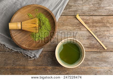 Flat Lay Composition With Matcha Tea On Wooden Background