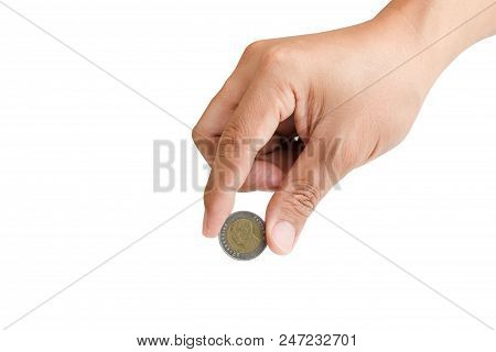 Man Hand Hold A Coin Isolated On White Background
