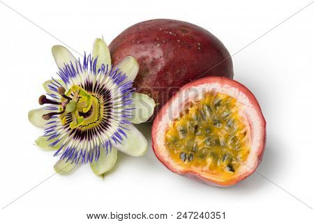 Passiflora edulis fruit and flower isolated on white background