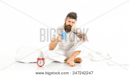 Man Needs To Get Up Early In Morning, White Background. Man With Sleepy Face Try To Awake With Cup O