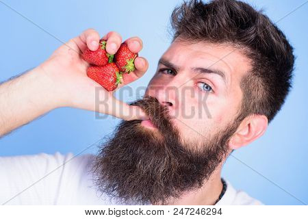 Fresh Juice Concept. Hipster Bearded Holds Strawberries Fist As Juice Bottle. Man Strict Face Enjoy 