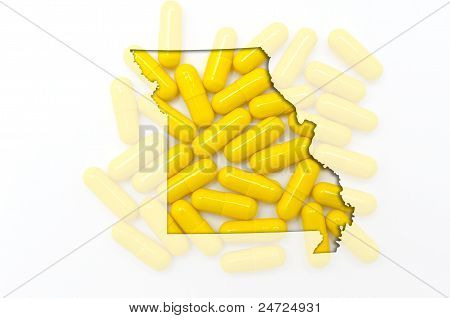 Kontur kort over Missouri med gennemsigtig piller i baggrunden