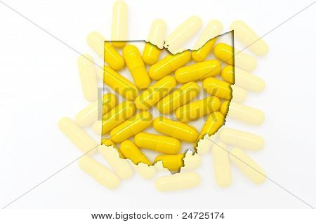 Kontur kort over Ohio med gennemsigtig piller i baggrunden
