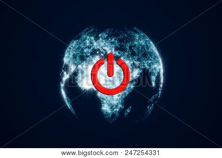 Turn On Red Button On Earth In Dark Space. On Off Ecology Light Switch. A Hologram Of The Planet.