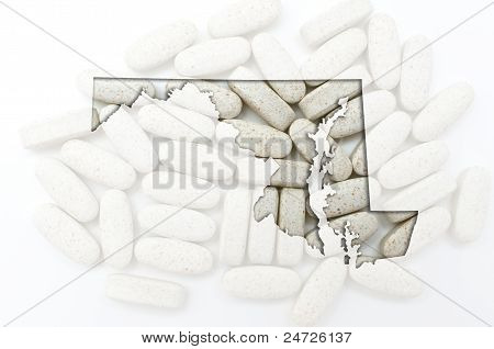 Kontur kort over Maryland med gennemsigtig piller i baggrunden