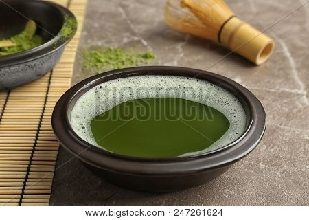 Chawan With Fresh Matcha Tea On Table