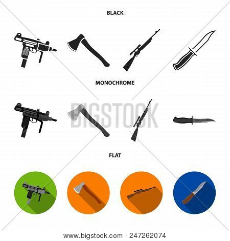 Ax, Automatic, Sniper Rifle, Combat Knife. Weapons Set Collection Icons In Black, Flat, Monochrome S