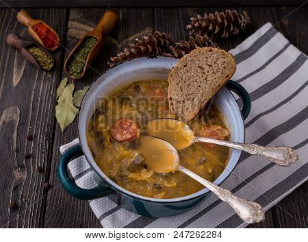 Slovak Christmas Cabbage Soup With Mushrooms On Natural Background.