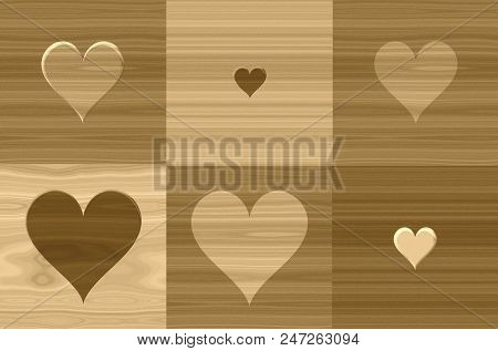Wooden Desk Seamless Patterns With Heart Shape Set. Collection Of Graphic Wood Rustical Love Designs