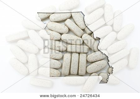 Kontur kort over Missouri med gennemsigtig piller i baggrunden