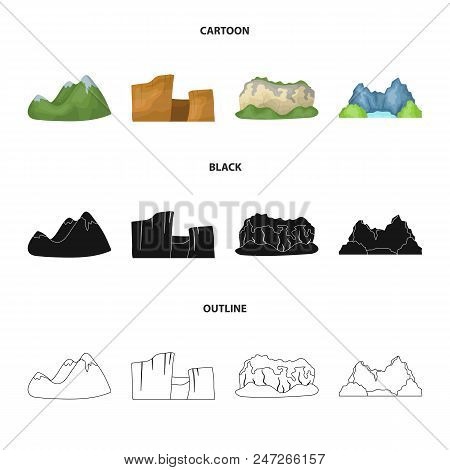 Green Mountains With Snow Tops, A Canyon, Rocks With Forests, A Lagoon And Rocks. Different Mountain
