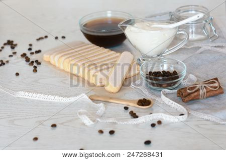 Cookie Savoyard, Espresso. Tiramisu Ingredients Concept. Cookies On The Wooden Table, Selective Focu