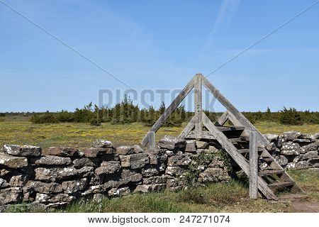 Stone Wall With A Wooden Stile In The Unique Landscape, Great Alvar Plain, At The Swedish Island Ola