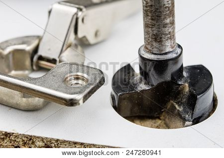 Milling Cutter For Fixing Hinges In Chipboard. Joinery Accessories For Furniture Construction.