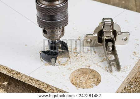 Milling Cutter For Fixing Hinges In Chipboard. Joinery Accessories For Furniture Construction.