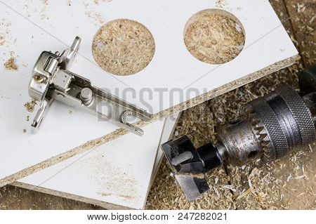Milling Cutter For Fixing Hinges In Chipboard. Joinery Accessories For Furniture Construction.