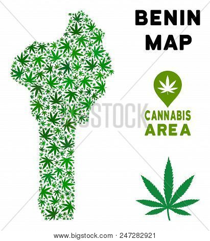 Ganja Benin Map Collage Of Marijuana Leaves. Narcotic Addiction Concept. Vector Benin Map Is Formed 