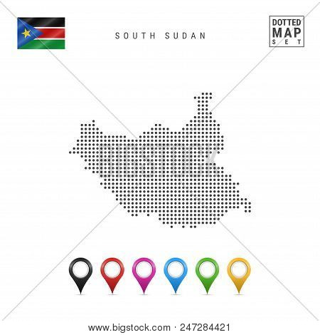 Dots Pattern Map Of South Sudan. Stylized Simple Silhouette Of South Sudan. The National Flag Of Sou