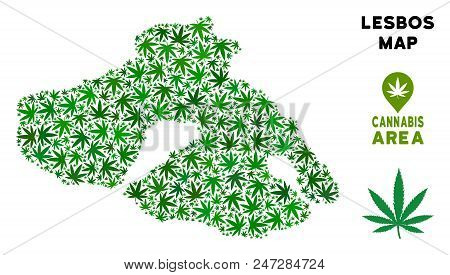 Weed Greek Lesbos Island Map Collage Of Marijuana Leaves. Narcotic Distribution Template. Vector Gre