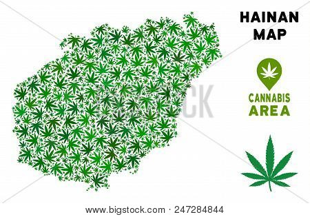 Weed Hainan Island Map Collage Of Marijuana Leaves. Narcotic Distribution Concept. Vector Hainan Isl
