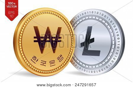 Litecoin. Won. 3d Isometric Physical Coins. Digital Currency. Korea Won Coin. Cryptocurrency. Golden