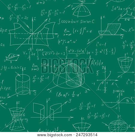 Math Science Vector Seamless Pattern With Handwritten Formulas On A Green Chalkboard For The Backgro
