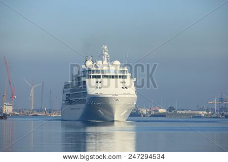 Velsen, The Netherlands - June 18th 2017: Silver Whisper- Silversea Cruises On North Sea Channel Tow