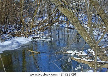A Small Stream Wends Its Way Through A Wintry Woods In Southeastern Michigan.