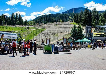 Whistler Canada, June 16 2018: Mountain Biking Area In British Columbias Famous Whistler Village. Th