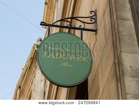 London. May 2018. A View Of The Lauduree Sign Above Its Entrance In The City Of London In London.