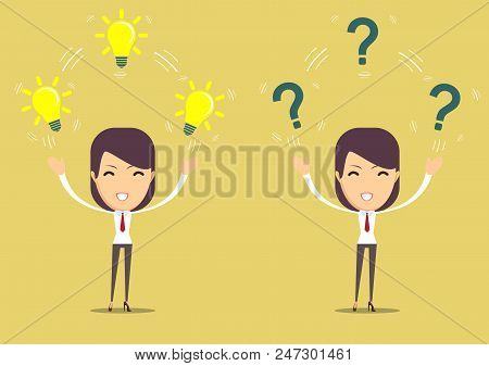 Women With Lamp And Question Mark. Stock Flat Vector Illustration.