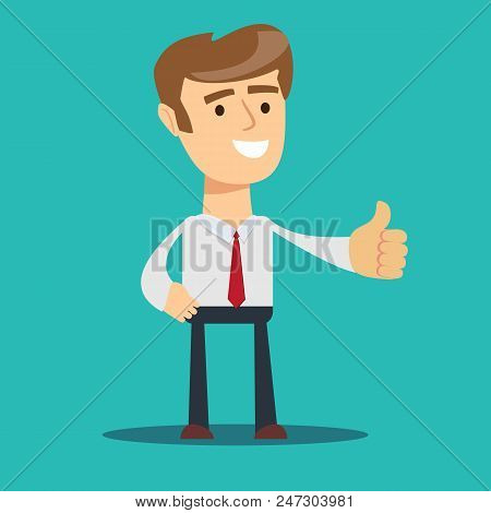 Business Man Give Thumb Up Sign. Stock Flat Vector Illustration.
