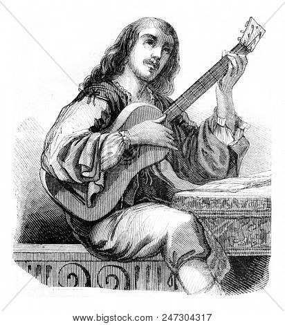 A Guitarrero, vintage engraved illustration. Magasin Pittoresque 1844.