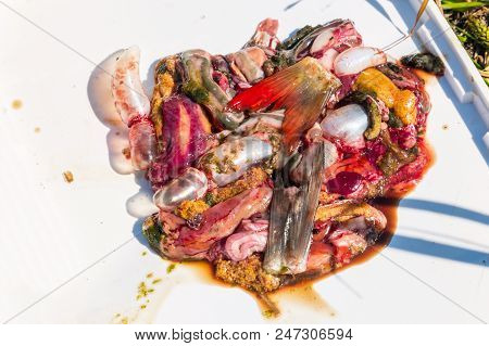 Fish Guts Offal On White. Selective Focus