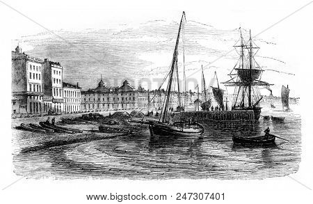 View of part of the harbor before the real Warehouse. Facade of Chartrons, vintage engraved illustration. Magasin Pittoresque 1844.