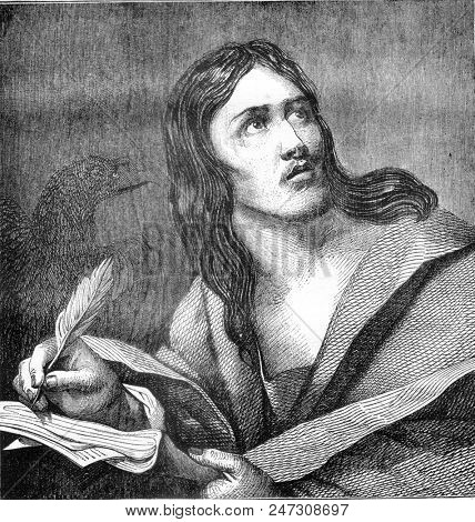 Saint John, by Caravaggio, vintage engraved illustration. Magasin Pittoresque 1841.