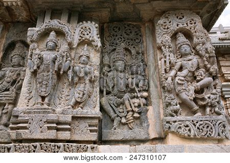 Ornate Bas Relieif And Sculptures Of Hindu Deities, Kedareshwara Temple, Halebid, Karnataka, India.