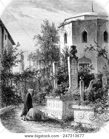 The Mausoleums of the Khans in Baghtche-Serai, vintage engraved illustration. Magasin Pittoresque 1855.