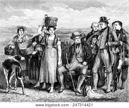 Walter Scott and his family, vintage engraved illustration. Magasin Pittoresque 1855.