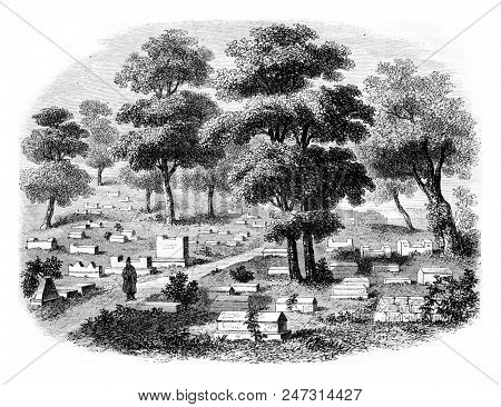 Crimea meridionale, The Valley of Jehoshaphat, cemetery of Jews caraites, in Tchifout Kale, vintage engraved illustration. Magasin Pittoresque 1855.