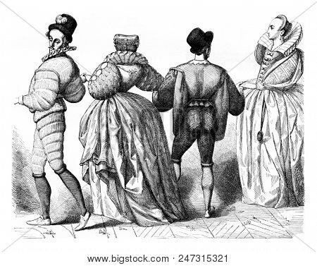 Ladies and Gentlemen of about 1584, vintage engraved illustration. Magasin Pittoresque 1855.