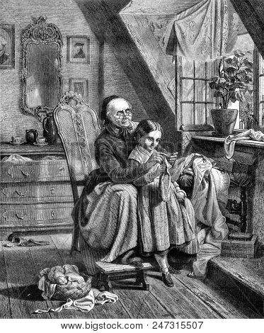 The Grand Mother, picture by Meyerheim, vintage engraved illustration. Magasin Pittoresque 1858.