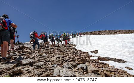 Sierra Nevada, Spain - June 23, 2018: Unidentified Group Of Mountaineers Ascend To Mulhacen Peak, Th