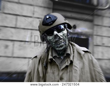 A Living Dead Man, A Zombie, Evil Spirits Stands Alone. He Bowed His Head, Noticing The Victim. Zomb
