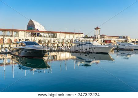 Sochi, Russia-june 14, 2018: Beautiful Yachts In The Sea Port Of The Resort