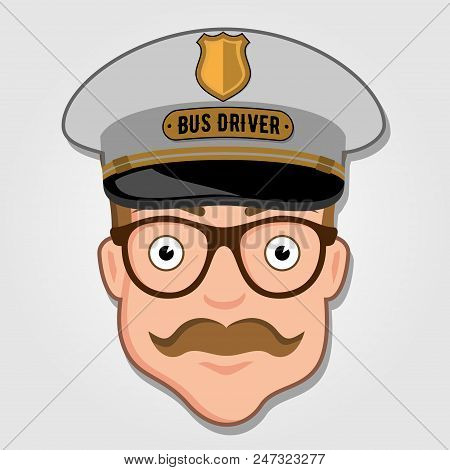 Bus Driver Cartoon Face With Glasses. Vector Illustration.